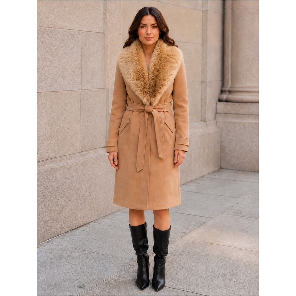 Marciano Guess Wool Blend Faux Fur Collar Belted Coat Camel Tan Women 4 Luxury